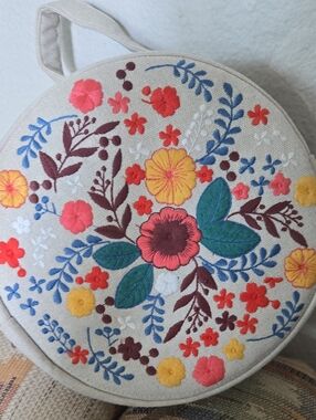 Round Embroidered Floral Crossbody Bag - Multicolor Flowers on Cream